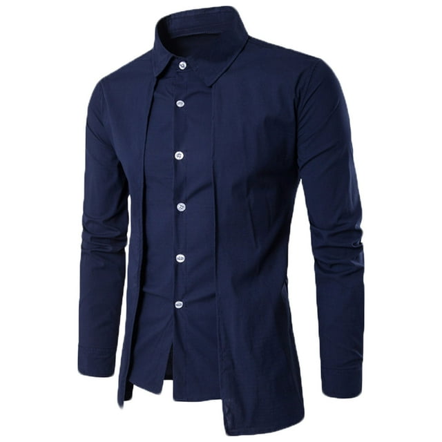 Birdeem Shirts for Men Mens Solid Color Slim Fake Two Personalized Double Front Long-Sleeved Lapel Shirt