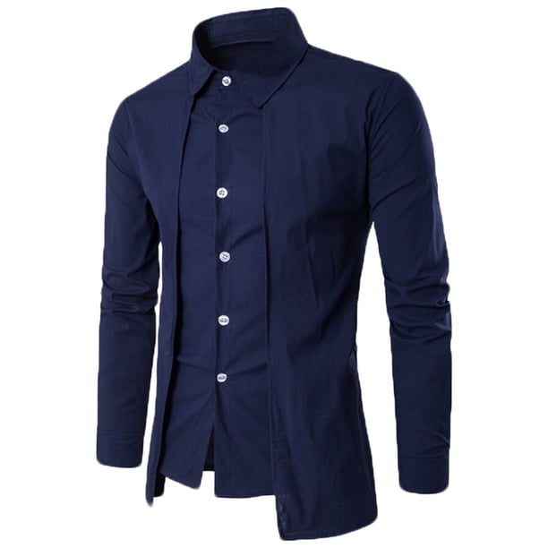 Blusa y camisa de manga larga con cuello vuelto para hombre, color liso, ajustada, falsa, dos personalizada, doble frente, camisa de manga larga con solapa, blusa para hombre