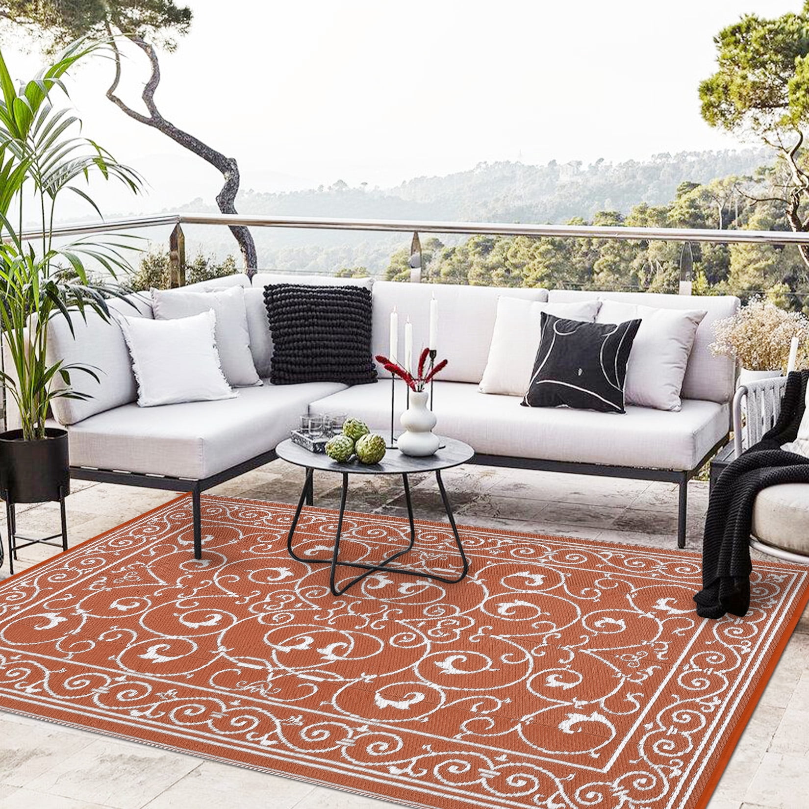 Hasoo 9' x 12' Orange Outdoor Rug for Patio Decor Waterproof Plastic Straw Modern Geometric Floral Carpet PP Tube Woven Portable Camping Mat for Picnic Balcony