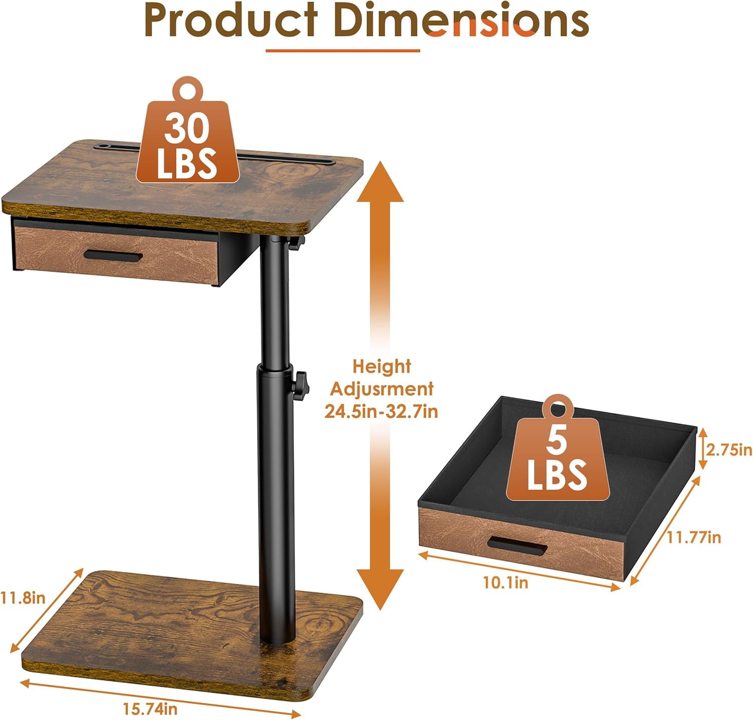 TV Tray Table with Swivel Top, Drawer, and Height Adjustment for Eating, Working, or as a Sofa Desk in Living Room or Bedroom