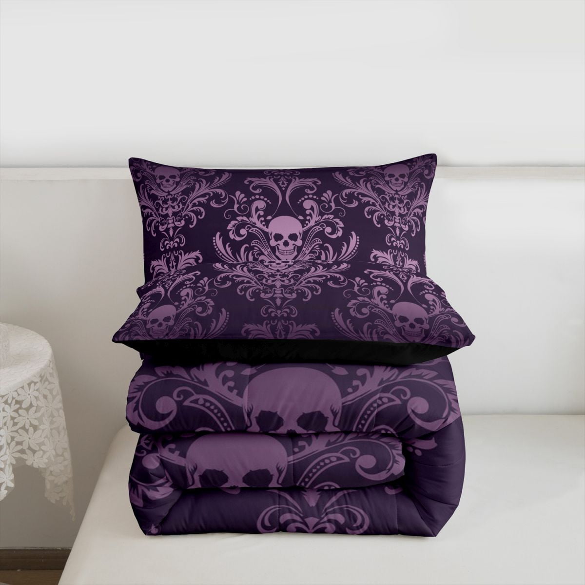 Adults Salmon Violet Damask Bedding Set Antique Victorian Baroque Comforter Set King,Gothic Vintage Floral Quilt Exotic Sugar Skull Duvet Insert,Gothic Bone Skeleton Bohemian Decor,Dark Purple