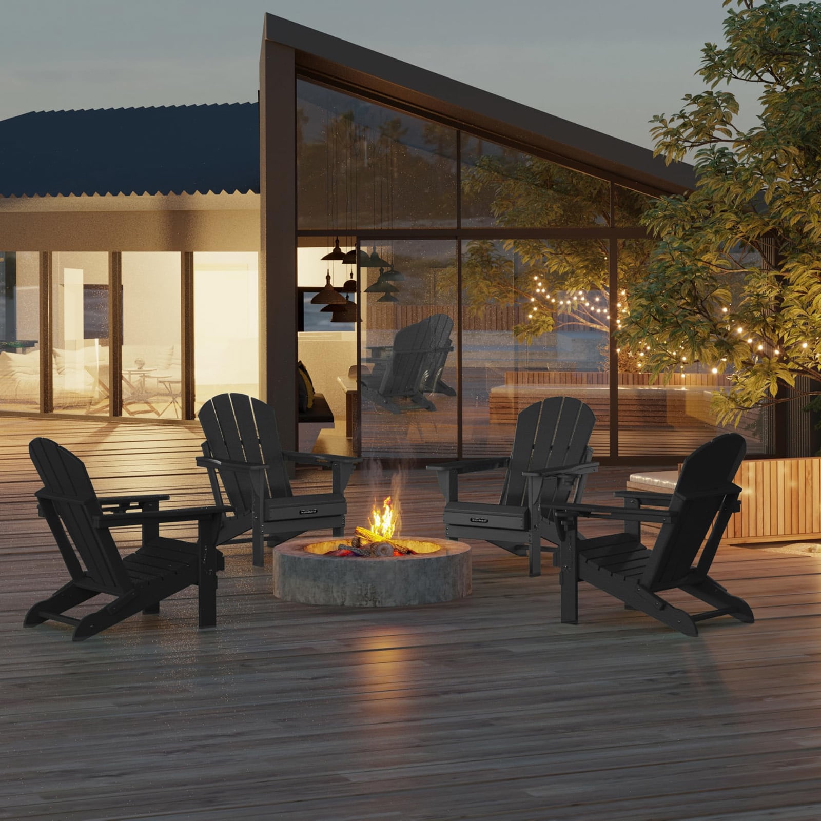 Tappio Foldable HDPE Adirondack Chair, Patio Seat All Weather Outdoor Patio Chair with Cup Holder for Lawn Yard Fire Pit, Wooden Textured, Black