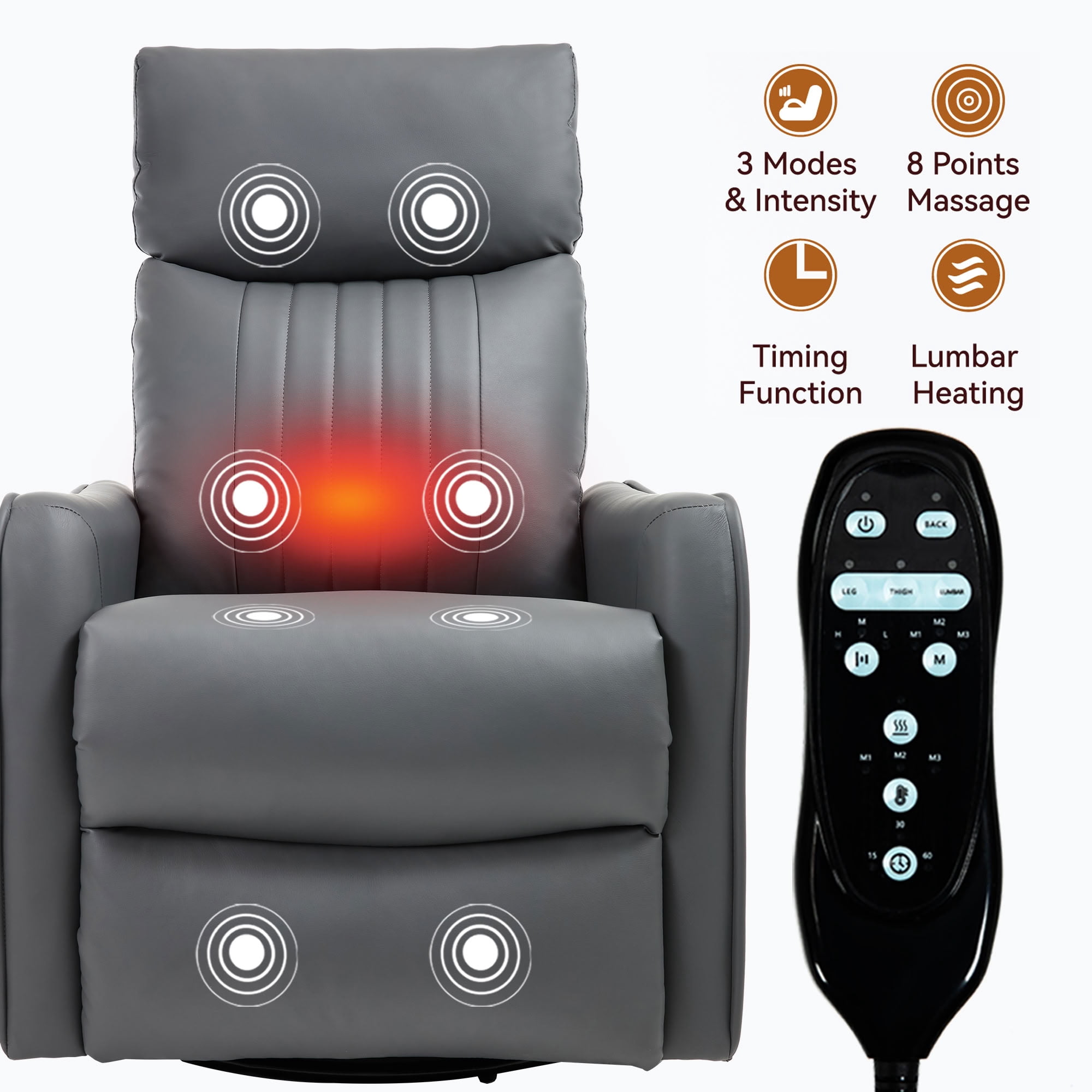 MAYEERTY Faux Leather Swivel Recliner Chair, Manual Rocker Glider Chair with 8-Point Vibration Massage & Lumbar Heat, for Living Room Nursery Home Office