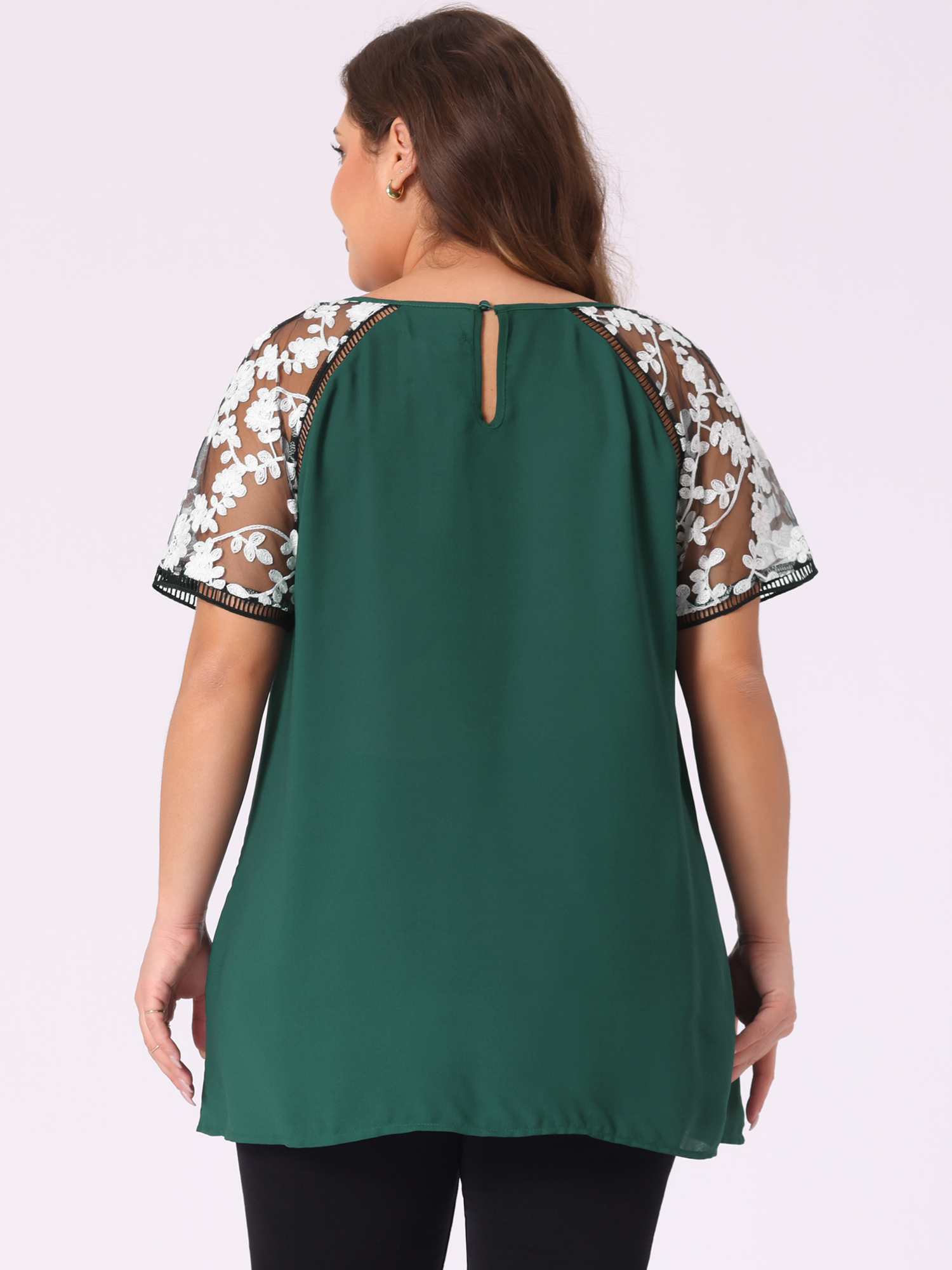 DARING DIVA Women's Plus Mesh Panel Crochet Raglan Sleeves Blouse 1X Dark Green