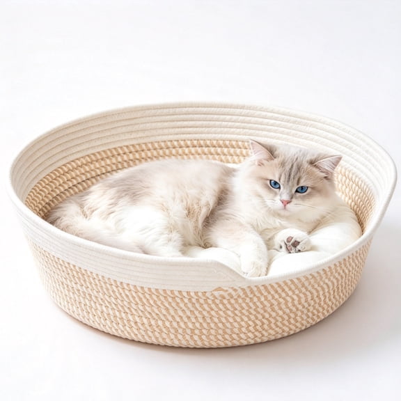 2-in-1 Handwoven Cat Basket Bed with Cushion, All Season Round Cat Sleeping Bed, Cat Nesting Basket, Cotton Rope Cat Bed for Kittens & Indoor Cats
