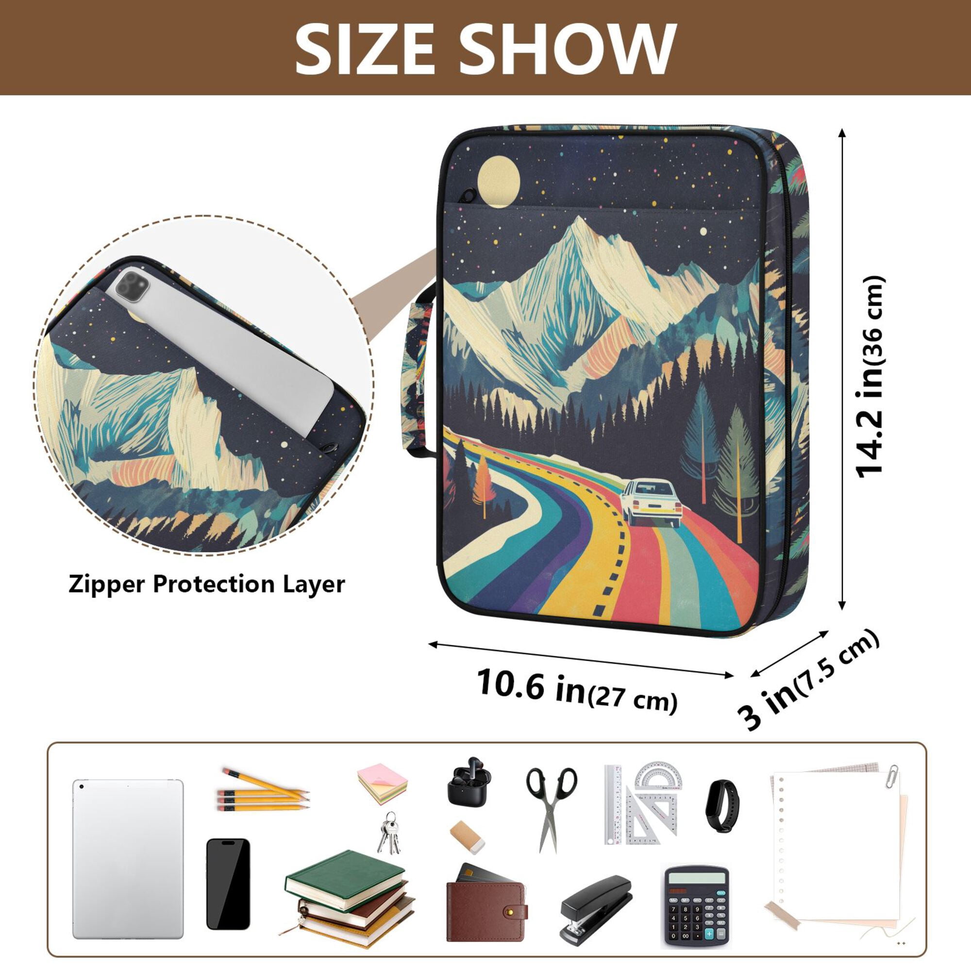FORMRS Accordion File Folder A4 Size 7-Pocket Expanding Document Organizer Bag with 3 Ring Binder, Evening Mountain Road