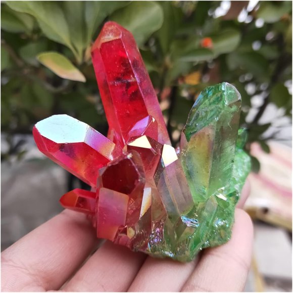 Natural Crystal Cluster Aura Angel Quartz Cluster Green and red Titanium Cluster Reiki