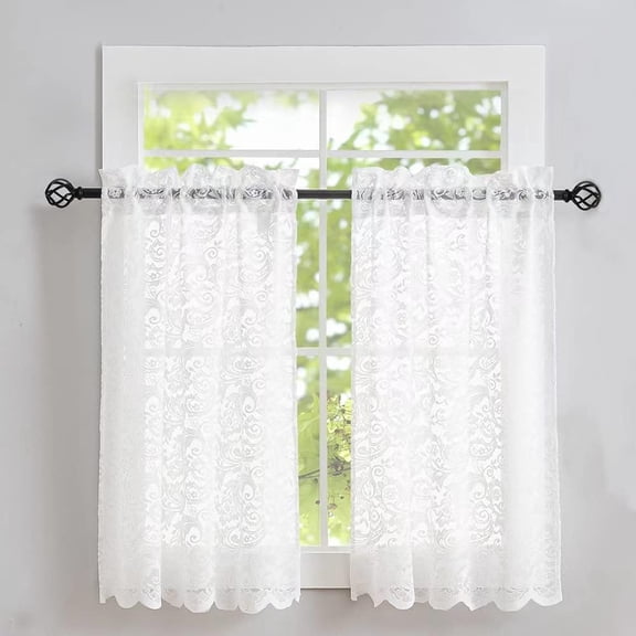 Lace Kitchen Curtains 2 Panels - Retro White Window Curtains Over Sink Lace Curtains Short for Small Window Bathroom Window Cabinet Laundry Room Decor