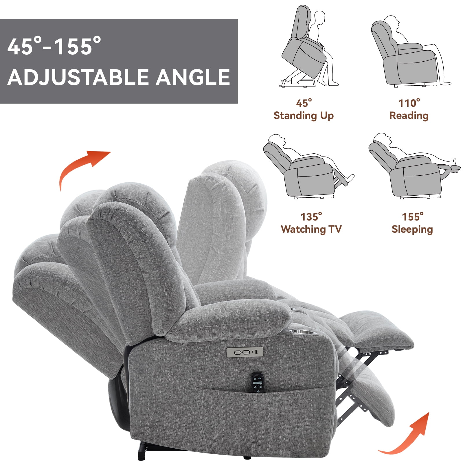 Alvantor Large Power Lift Recliner Chair for Elderly with Massage and Heat Chenille Electric Recliners Chair with USB Ports & Cup Holders for Living Room Grey