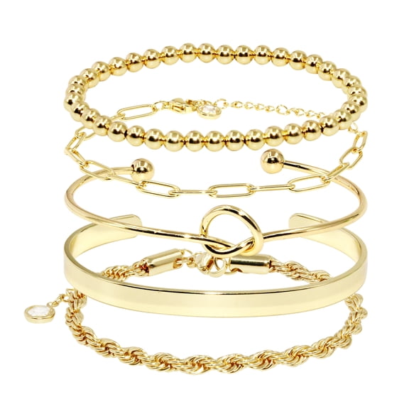 5 Pcs Gold Plated Stainless Steel Stackable Bracelets Set for Women, Cuban Twist Paperclip Chain Infinity Knot Chunky Bangle Beaded Bracelets, Trendy Fashion Jewelry Accessories Gifts