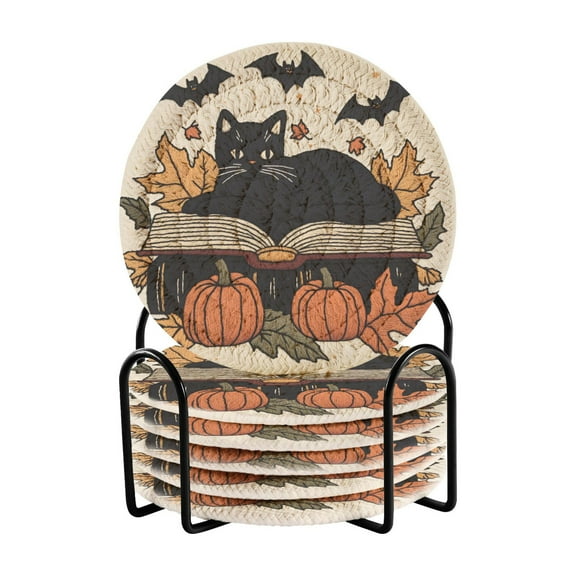 Yayeee 6 PCS Drink Coasters with Holder Set Woven Absorbent Round Tabletop Hot Pad, Cute Halloween Cat