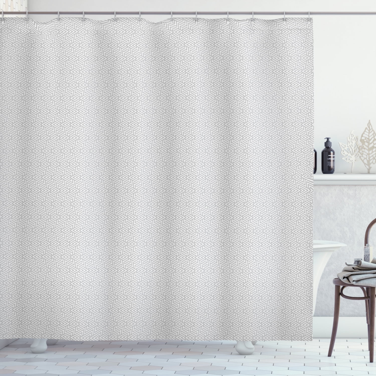 Grey Geometric Shower Curtain, Chevron Triangular Ornaments Direction