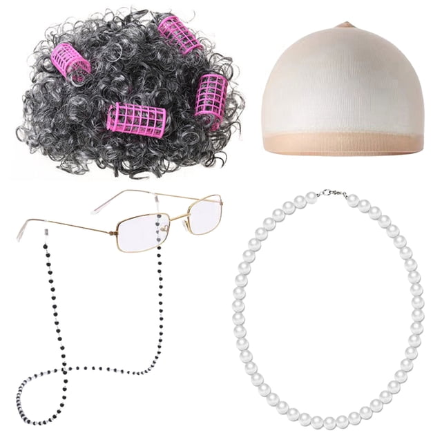 Disfraz de anciana para niños, disfraz escolar, peluca de abuela, accesorio para disfraz, rulos para disfraz de anciana