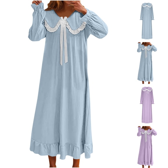 Stamzod Long Nightgowns for Women Loose Casual Cute Long Sleeve House Dress Lace Collared Fall Winter Night Gown M