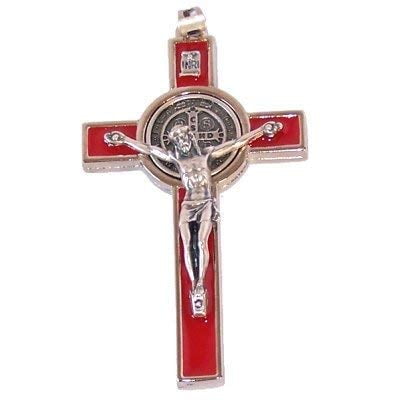 St. Benedict Rosary crucifix with red enamel - Extra Large - Pewter tone grad...