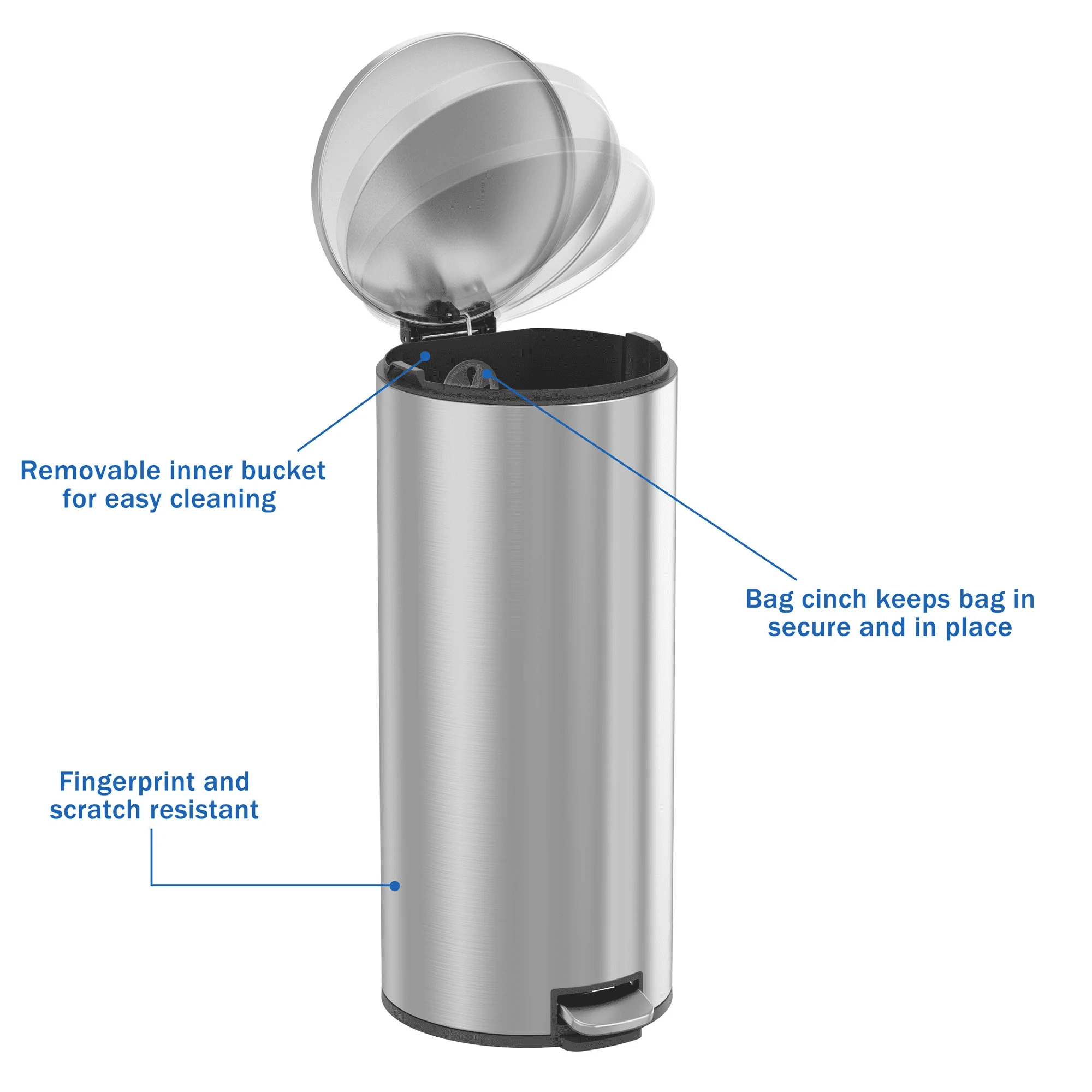 Better Homes & Gardens Kitchen Trash Can, 30 Litre Stainless Steel Round Step Garbage Bin with Soft Close Lid, Silver