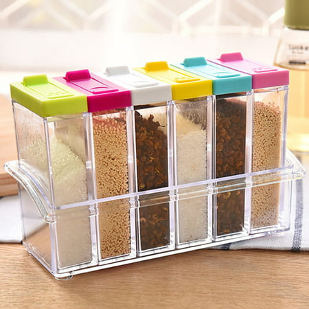 Jeobest Spice Storage Container - Spice Jars - 6PCS Spice Shaker Seasoning Box Jar Plastic Condiment Transparent Storage Container with Tray (sent randomly) (Best Spice Storage Containers)