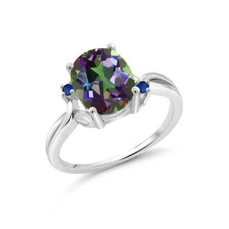 Green Oval Quartz - 3.04 Ct Oval Green Mystic Quartz Blue Simulated Sapphire 925 Silver Ring