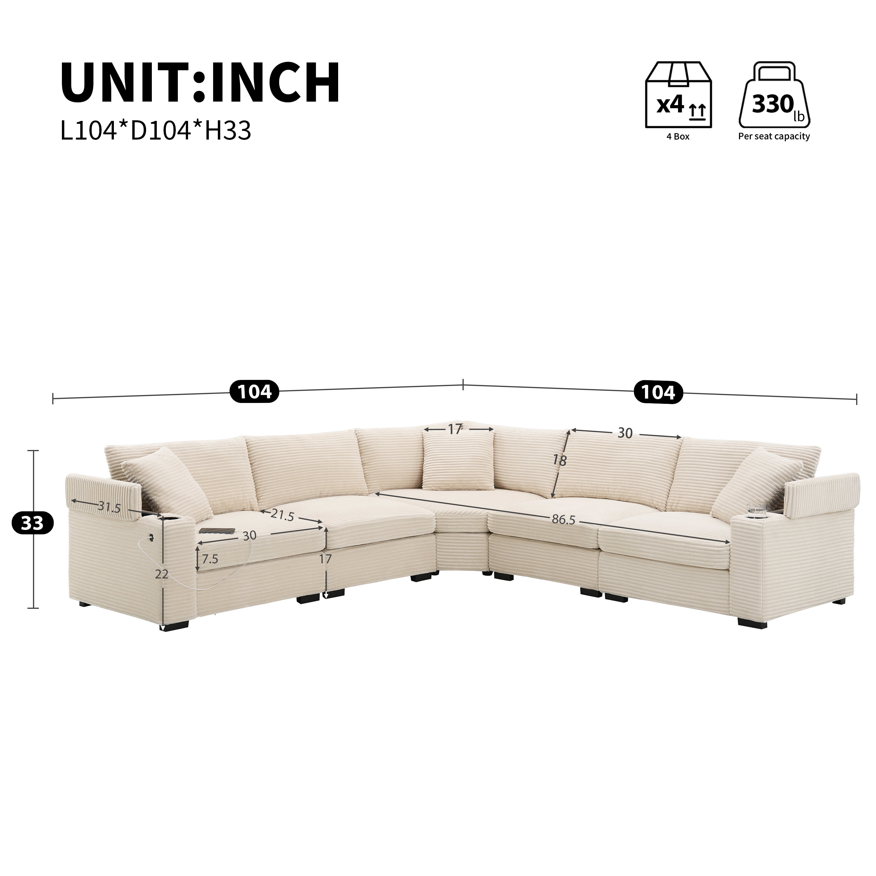 AISWORD 104" 5-Seater Corduroy Modular Sectional Sofa, Oversized L-Shaped Corner Couch with USB Charger, Arm Storage & Cup Holders for Living Room, Beige