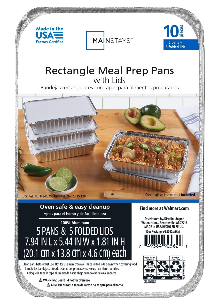 Mainstays 8.69" x 6.18" Aluminum Meal Prep Pans with Folded Lids, 5 Count