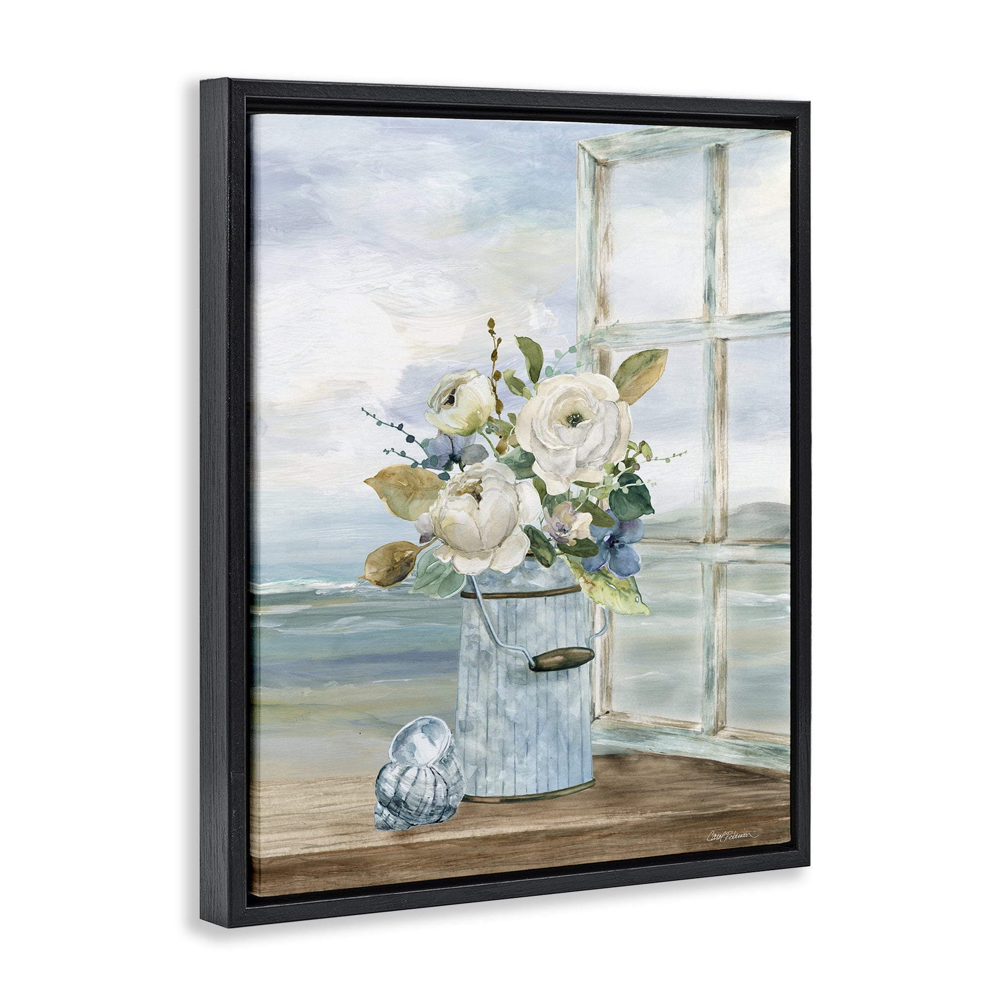 Stupell Industries Seaside Florals on Windowsill Black Framed Floater Canvas Wall Art, design by Carol Robinson