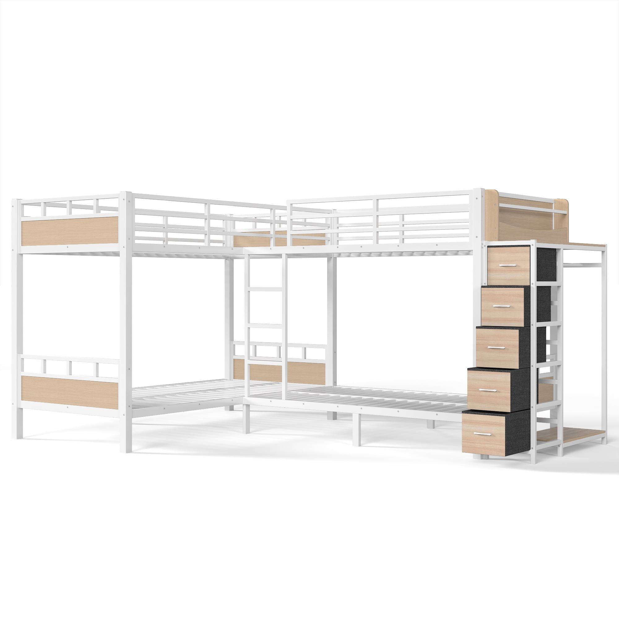 GARITIN Quad Twin Metal Bunk Bed 129.53 Inch, 4 Twin Bed Frame with Storage Drawers and Wardrobe for Kids Room, White