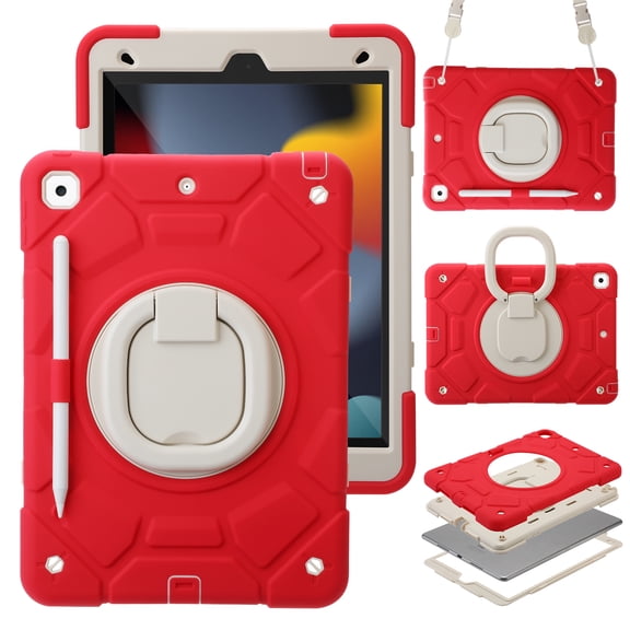 Kickstand Case for iPad 9th/8th/7th Generation 10.2-Inch (2021/2020/2019 Release), Heavy Sturdy Shockproof Kids Cover, with 360°Rotating Stand/Pen Slot/Shoulder Strap Girls (Red)