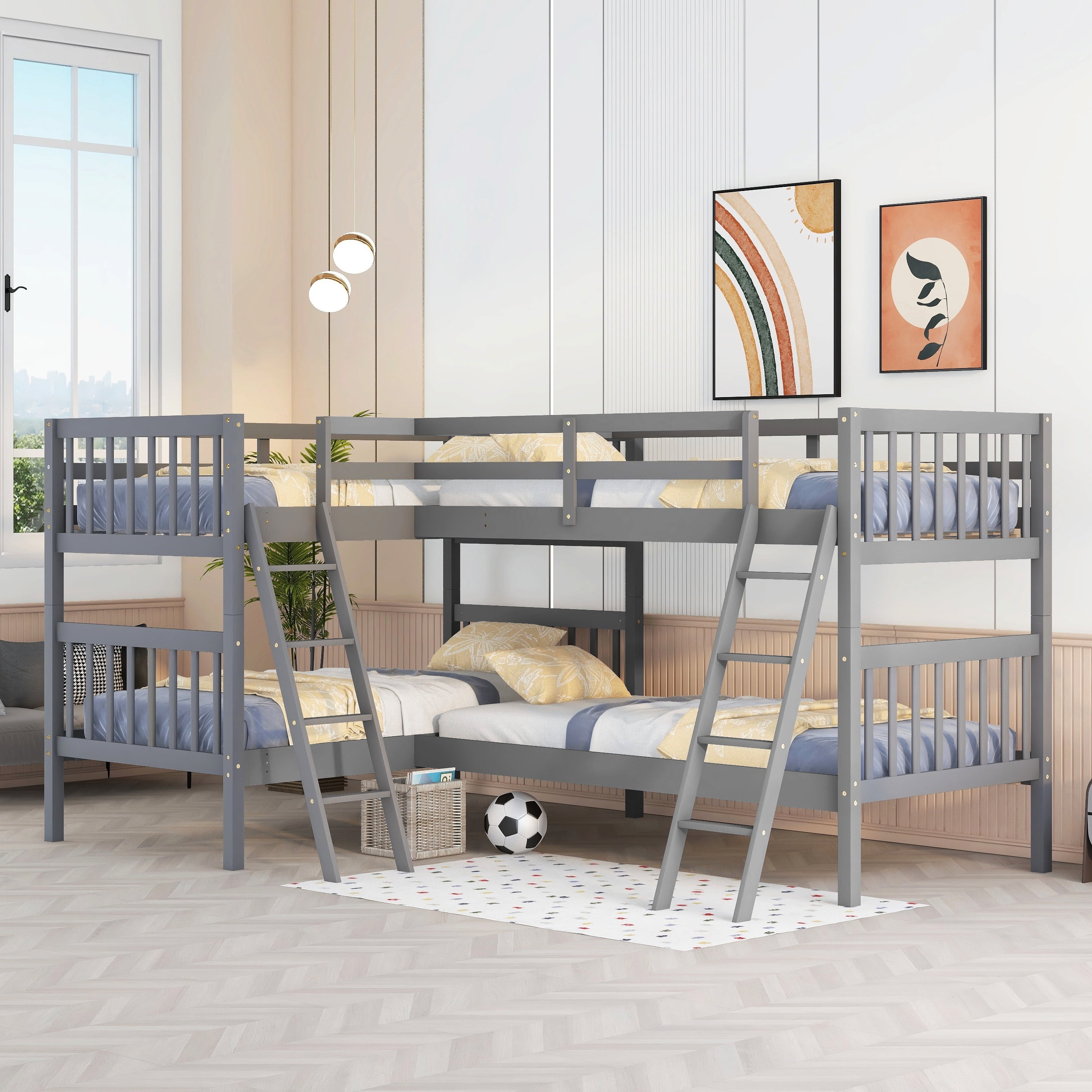 Bellemave Quad Bunk Bed Twin Over Twin, Wood L Shaped Bunk Bed for 4