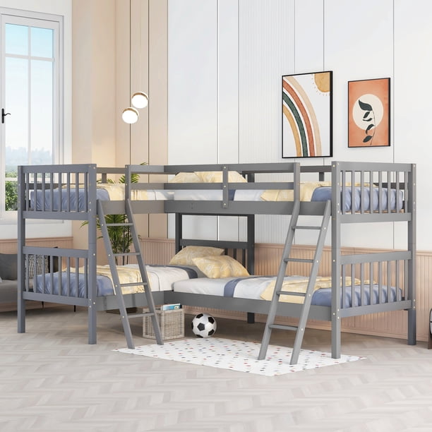Bellemave Quad Bunk Bed Twin Over Twin, Wood L Shaped Bunk Bed for 4 ...