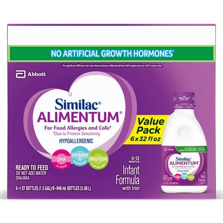 Similac Alimentum Hypoallergenic Infant Formula for Food Allergies and Colic, Baby Formula, Ready to Feed, 1 qt (Pack of 6)