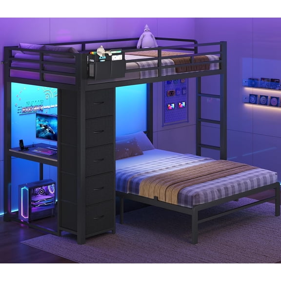 Toogaho Full over Full Bunk Bed with Desk & 5 Storage Drawers,L-Shaped Bunk Bed with LED Lights & Guardrail & Ladder,Black