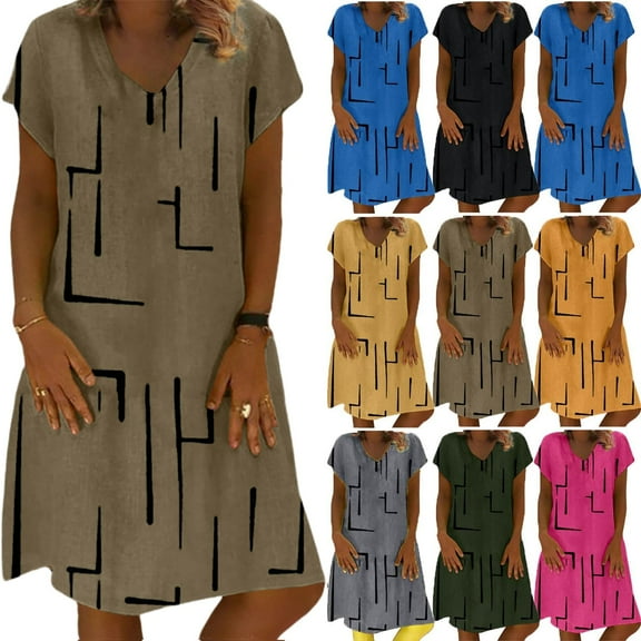 POTETI Dresses for Women Khaki Plus Size Dresses Casual Loose Stripe Patchwork V-Neck Short Sleeves Dress Ladies Sundresses Long