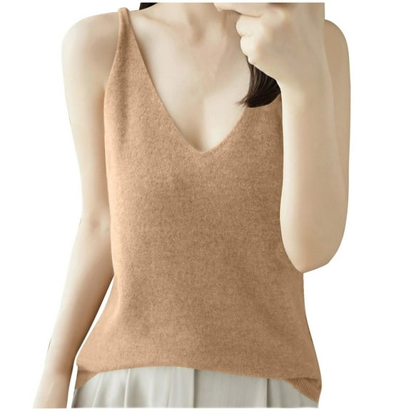SELONE Womens V Neck Knit Tank Tops Sleeveless Sweater Spaghetti Strap Basic Pullover Soild Beach Clothes Brown 2XL