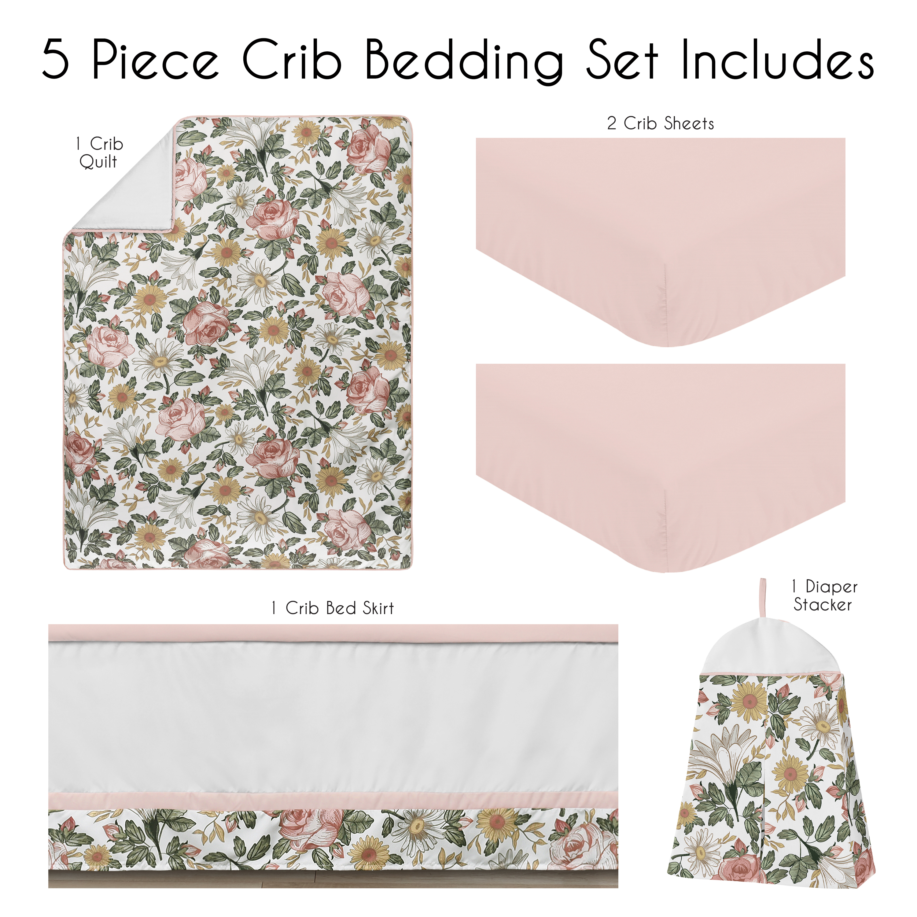 Sweet Jojo Designs Vintage Floral Pink Green Yellow 5 Piece Crib Bedding Set