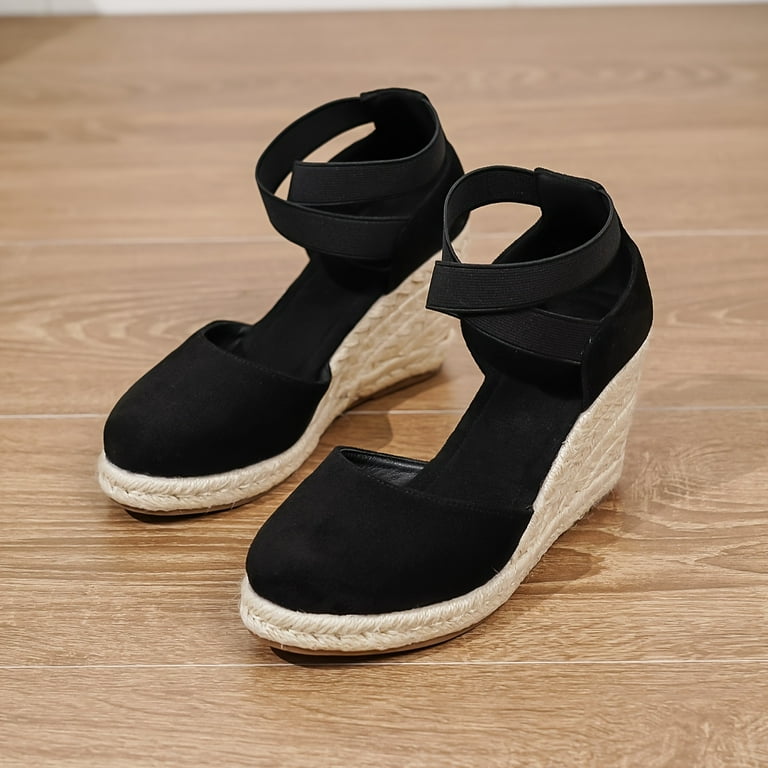 Women s Solid Color Sandal Elastic Band Platform Closed Toe Espadrilles Shoes Out Wedge Comfy Shoes Wedge Sandals