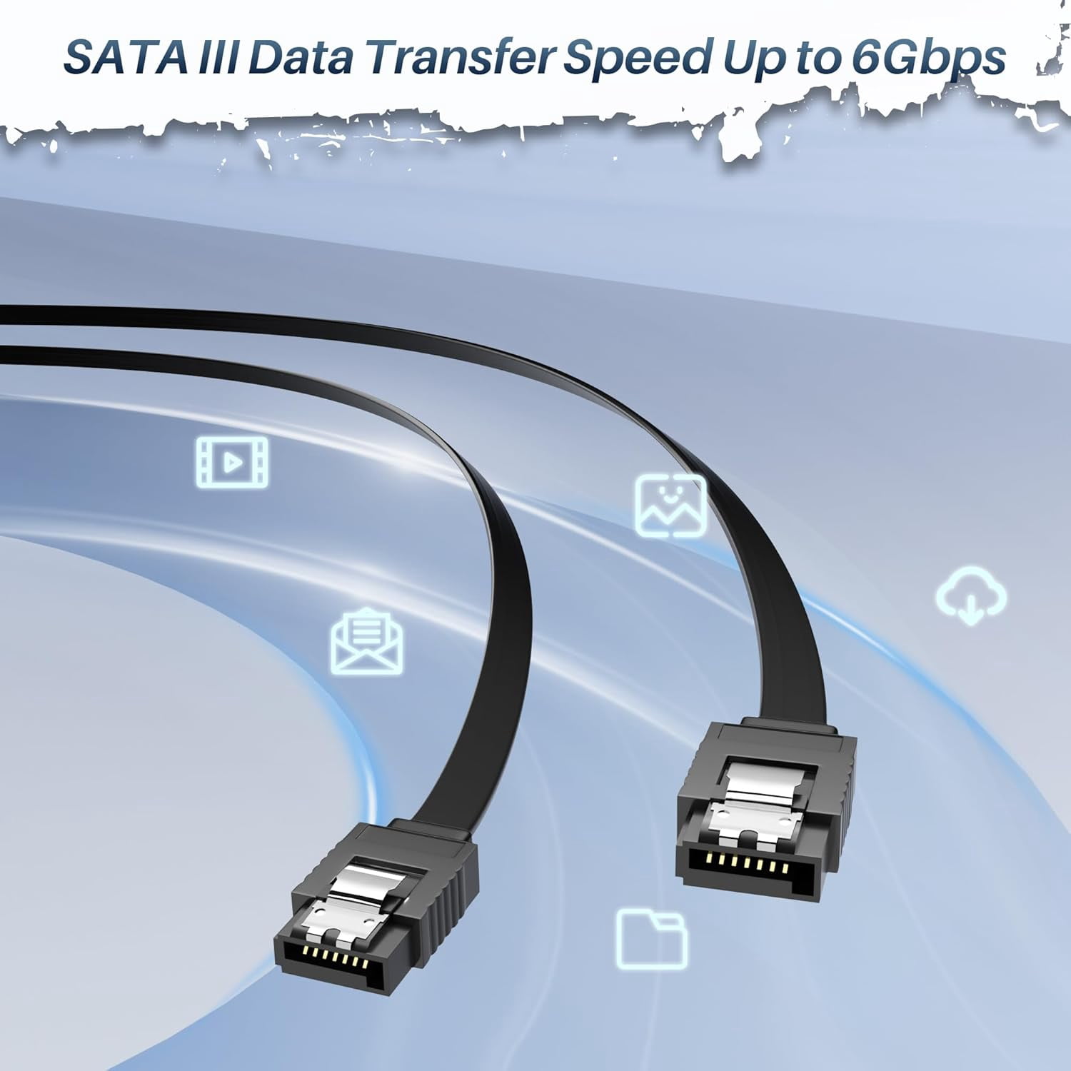 HRTGFD-SATA Cable III 18 Inch (6-Pack), 7-Pin Straight Angle Connector, 6Gbps SATA Data Cord with Locking Latch, Compatible with HDD, SDD, CD Driver, CD Writer, Black Cable