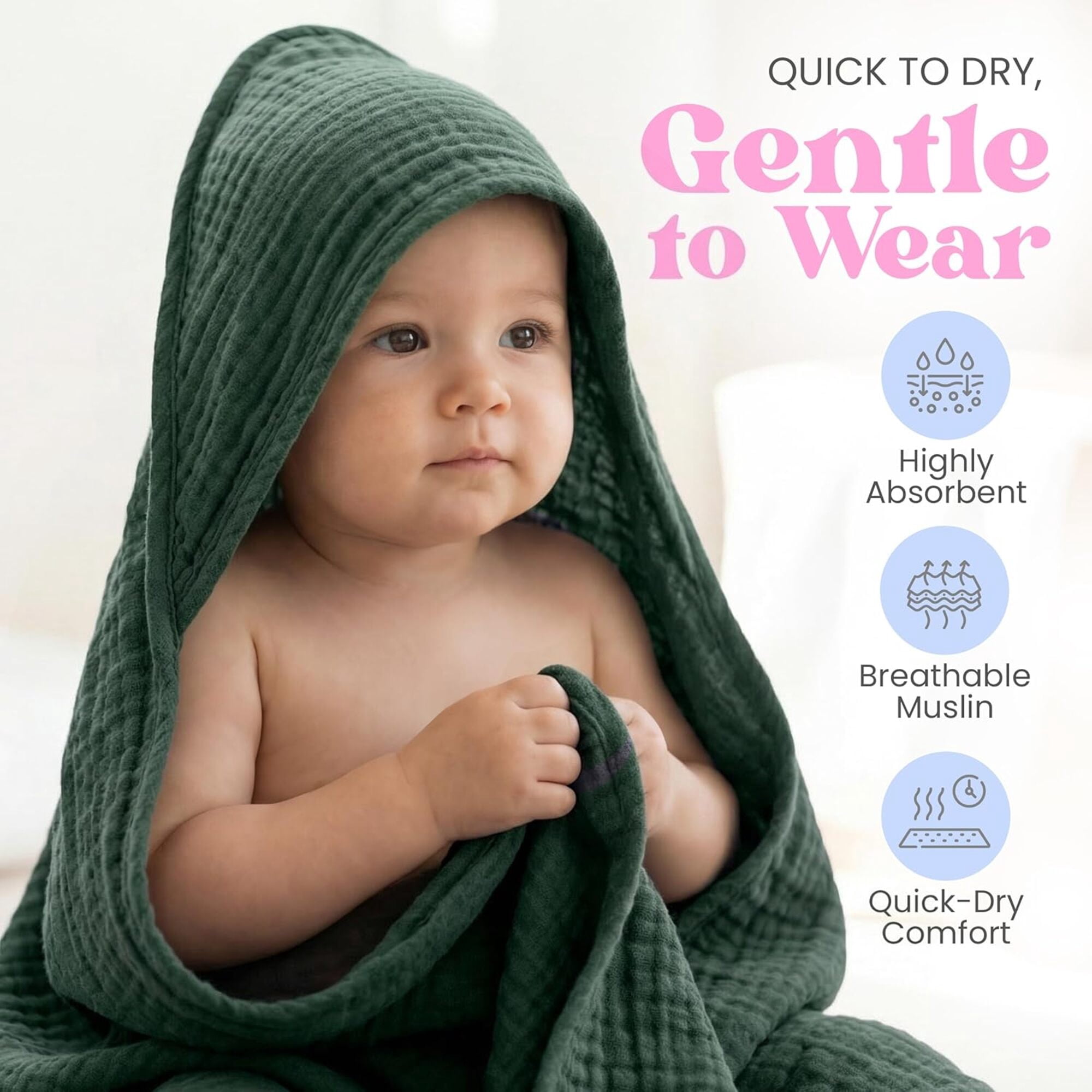 Mère & Moi: Muslin Hooded Baby Bath Towel – 2 Pack, Light & Dark Green - 30", Soft Cotton, Absorbent, Quick-Dry, Oeko-TEX, Pool-Water, Newborn-Toddler