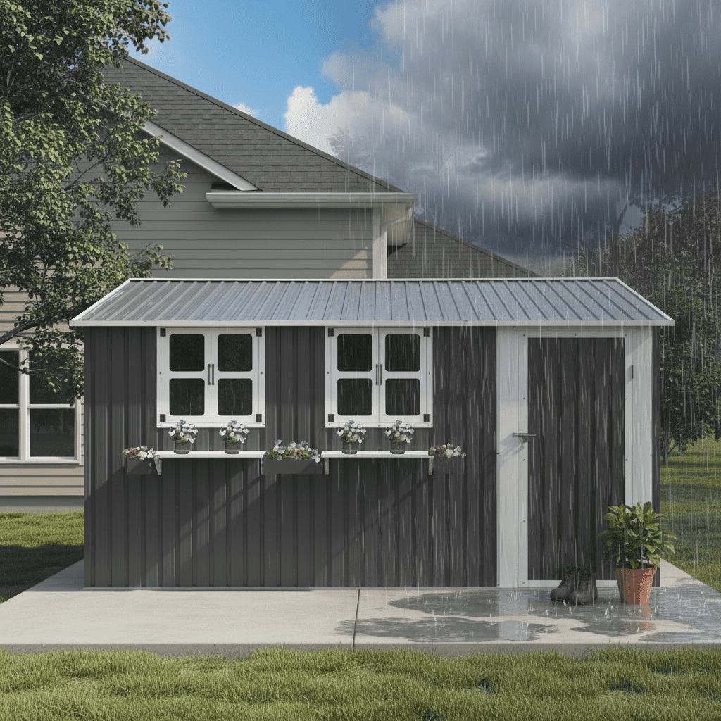 Mintazer 12×10ft Metal Outdoor Storage Shed with Lockable Door & 3 Windows, Weatherproof Garden Tool Shed with Flower Baskets, Gray