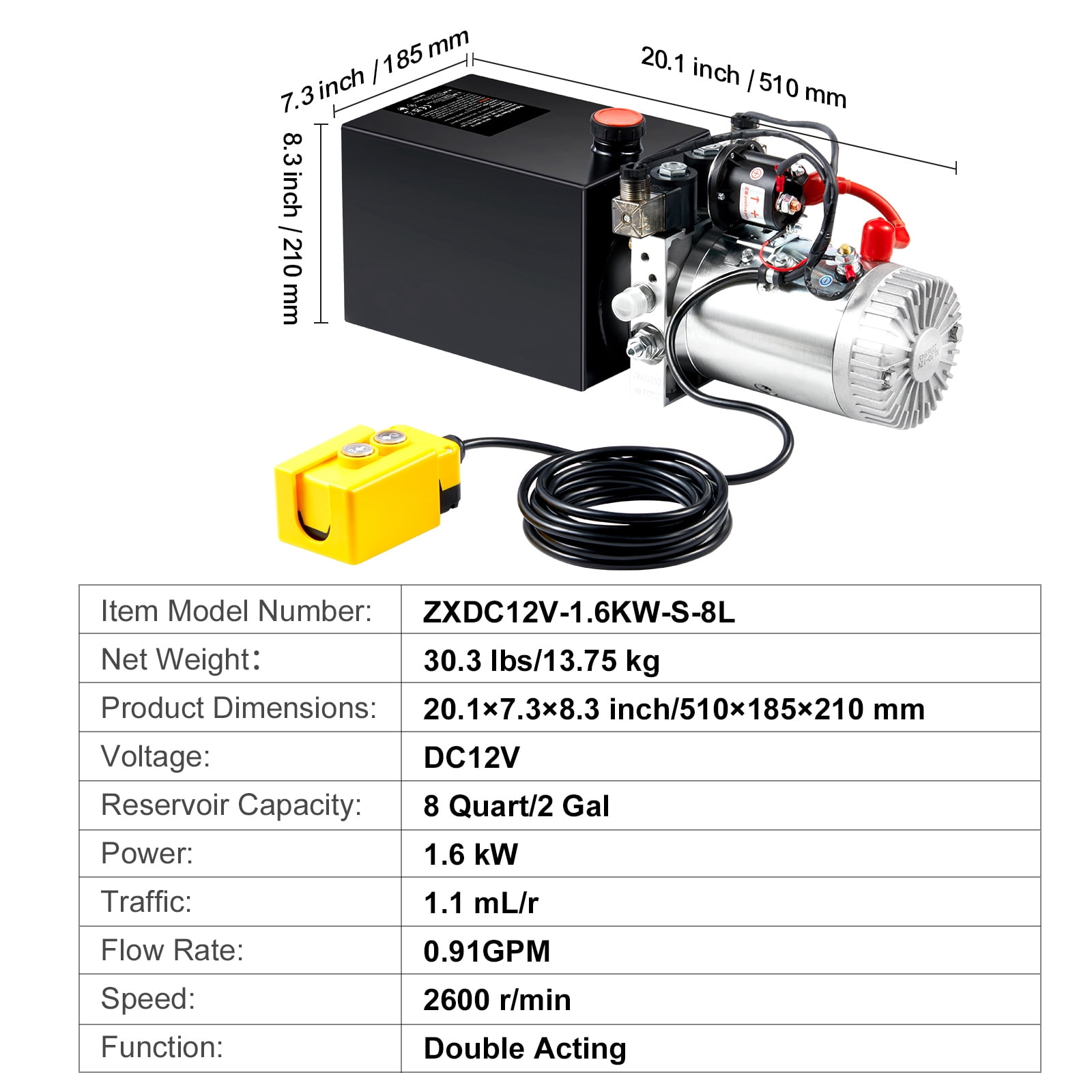 KFFKFF Hydraulic Pump, 8 Qt Power Unit, Double Action for Dump Trailers, 0.91 GPM, Max 3200 PSI, 12V DC for Vehicle Lifts