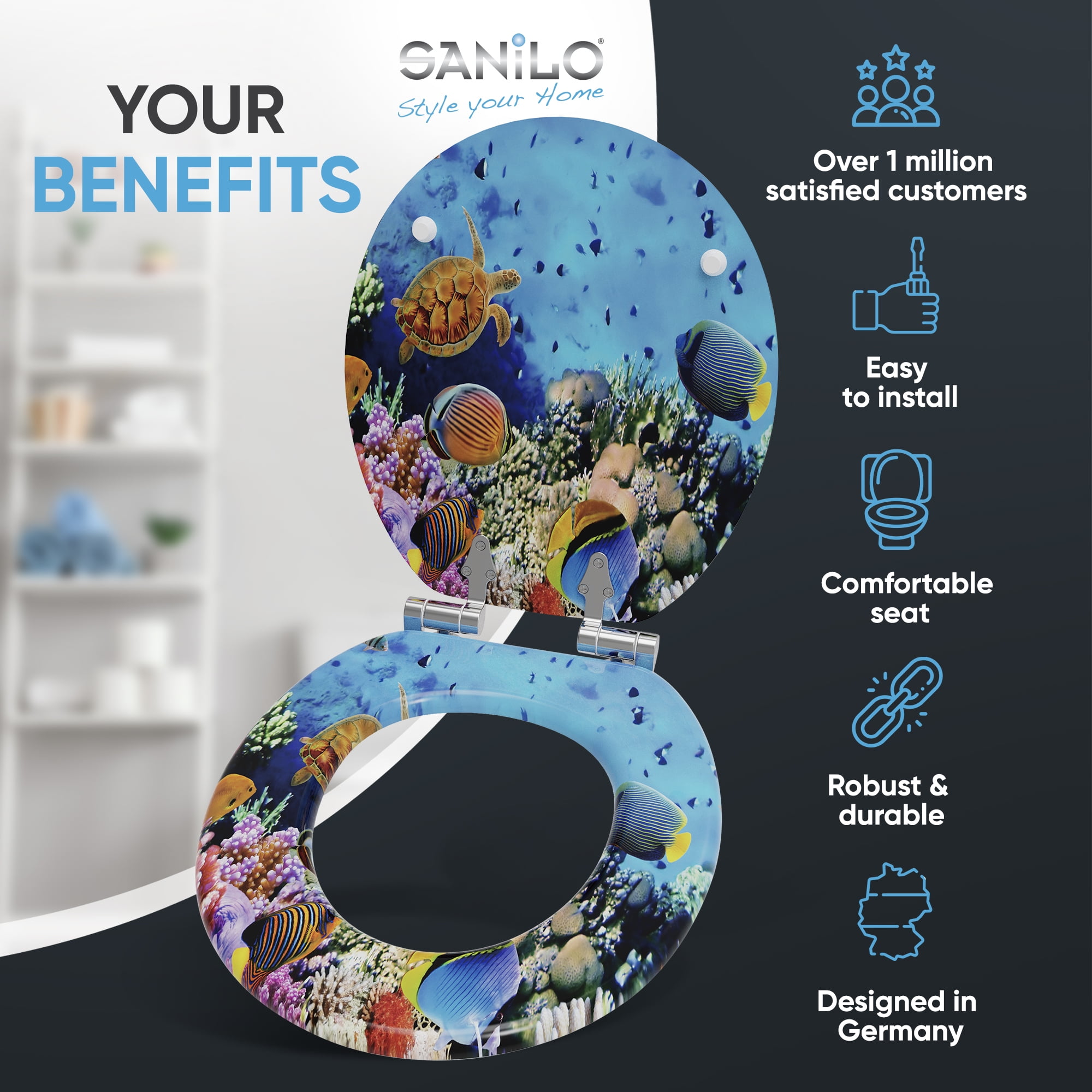 Sanilo Soft Close Toilet Seat ROUND, Quiet and Slow Close Lid and Seat, Strong Bumpers and Hinges, Ocean