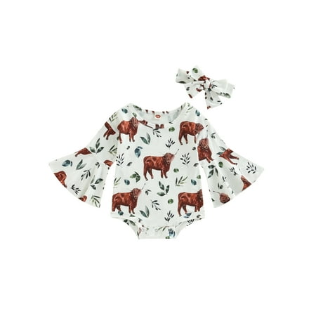 

Autumn Baby Girls Romper 2pcs 0-24M Floral/Cow Print Long Flare Sleeve Jumpsuit Hairband 3 Colors