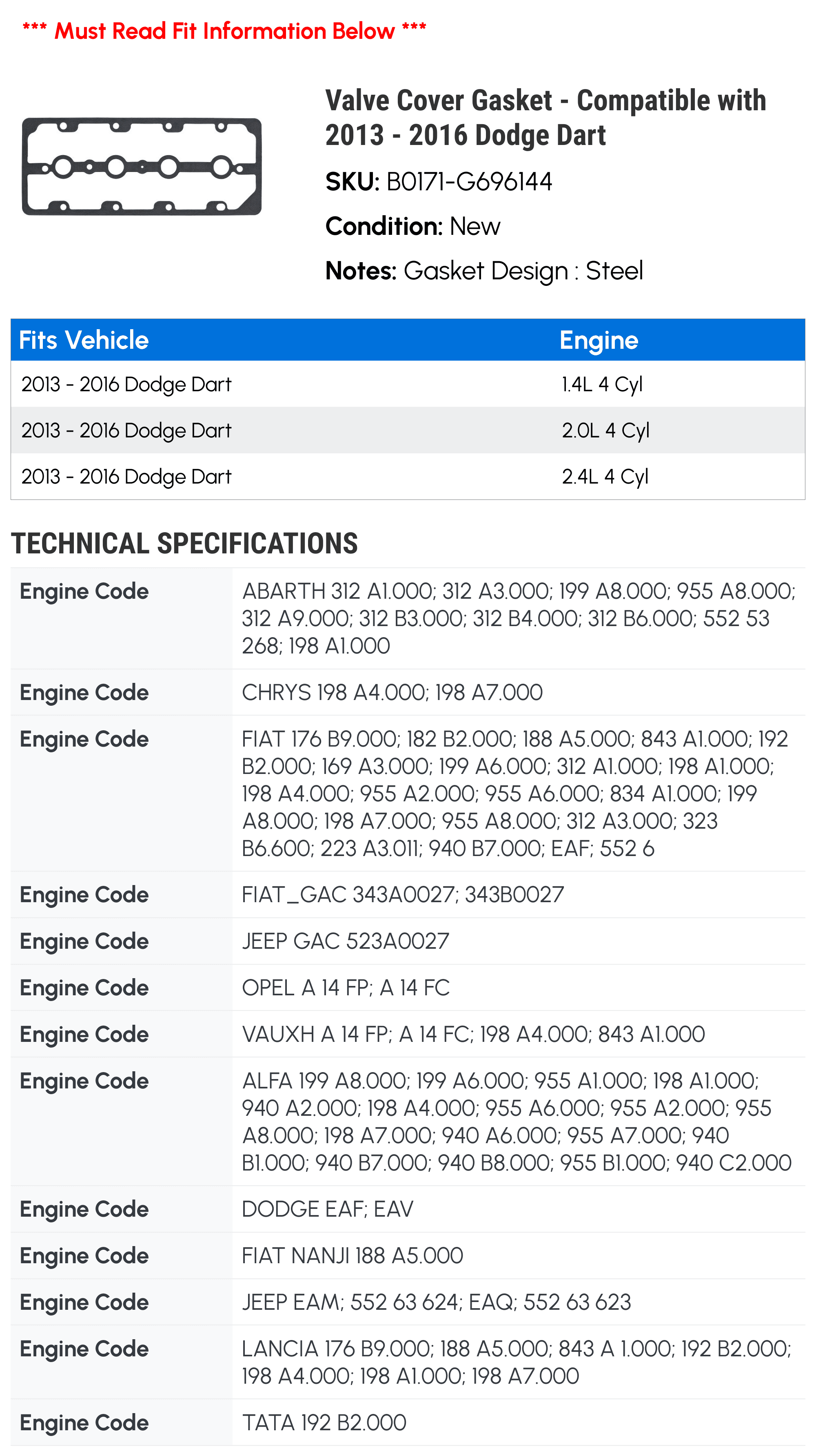 Valve Cover Gasket - Compatible with 2013 - 2016 Dodge Dart 2014 2015