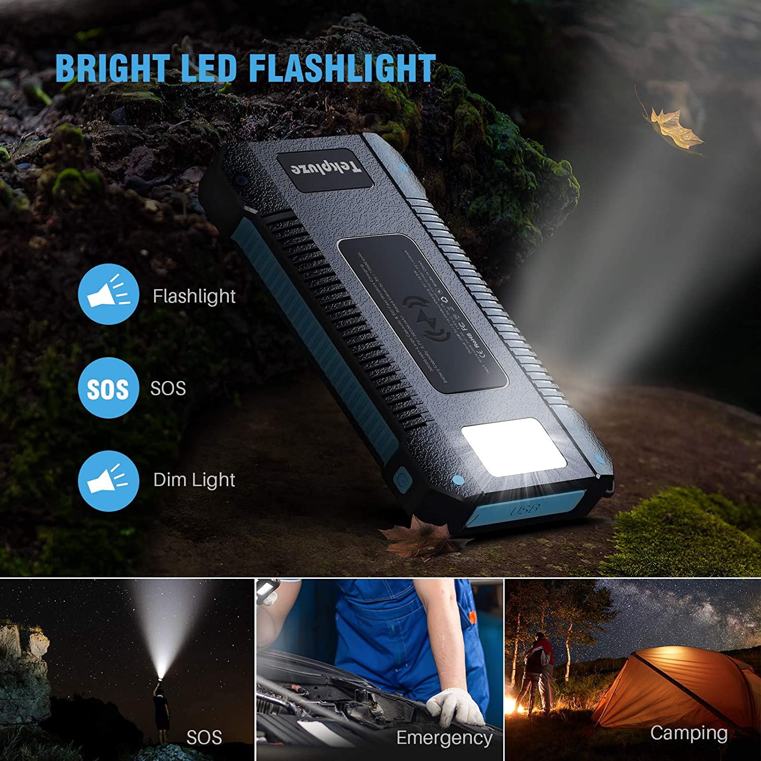 Solar Power Bank 30000 mAh, Wireless Portable Charger Solar Panel External Battery Type-C 5V Dual USB with LED Flashlight (Waterproof, Dustproof, Shockproof) Compatible with iOS & Android