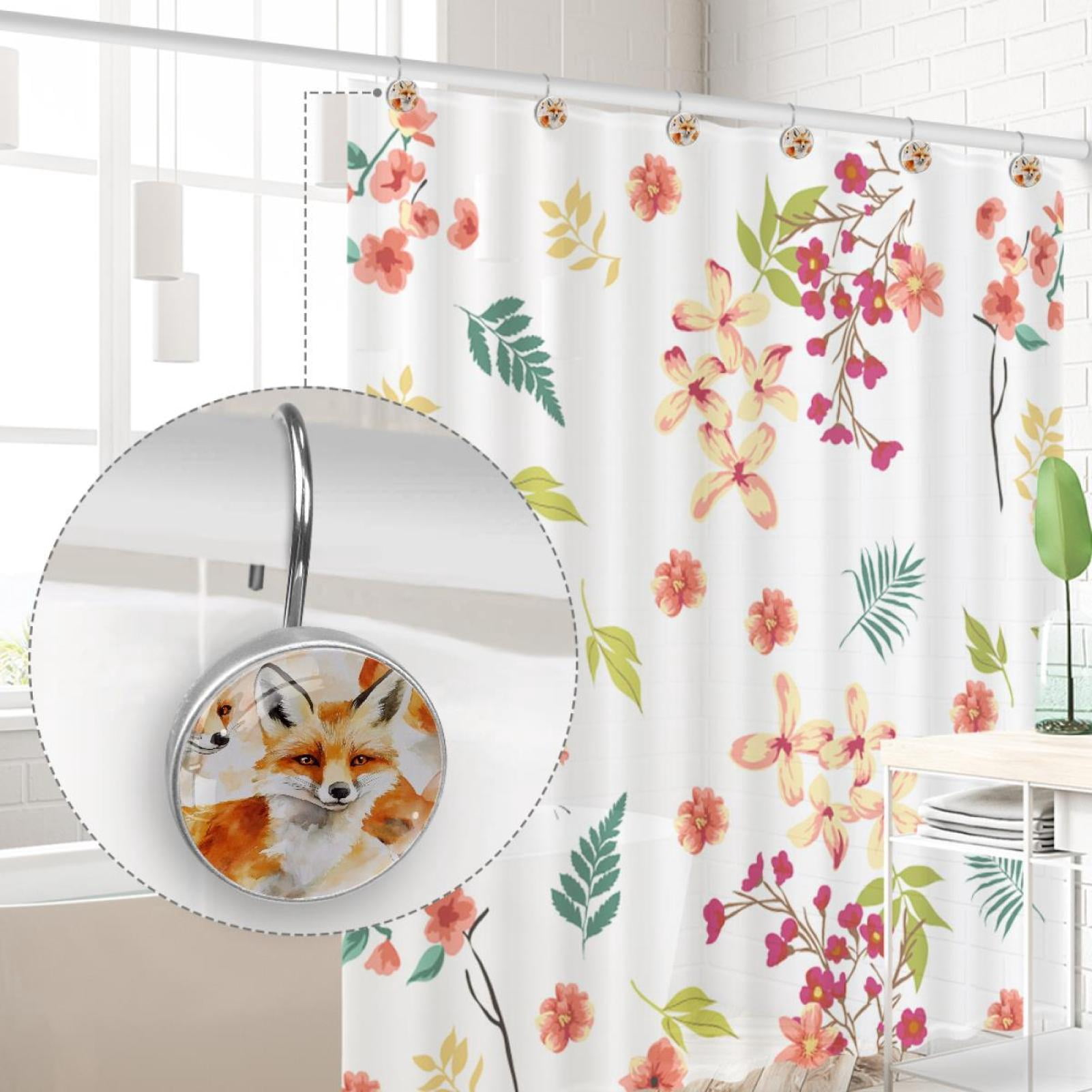 Watercolor Foxes Shower Curtain Hooks Round Crystal Glass, Set of 12 Shower Curtain Rings - Shower Hooks for Curtain Shower Rings