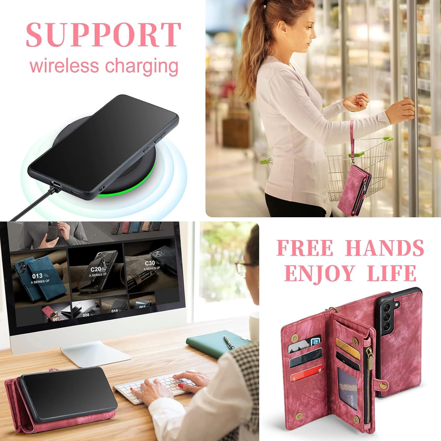 Phone Case for Samsung Galaxy S21 FE Gaxaly S 21 FE 5G Zipper Wallet Cover with Tempered Glass Screen Protector and Flip Card Holder Cell Accessories Glaxay S21FE5G UW S21FE 21S G5 Women Red