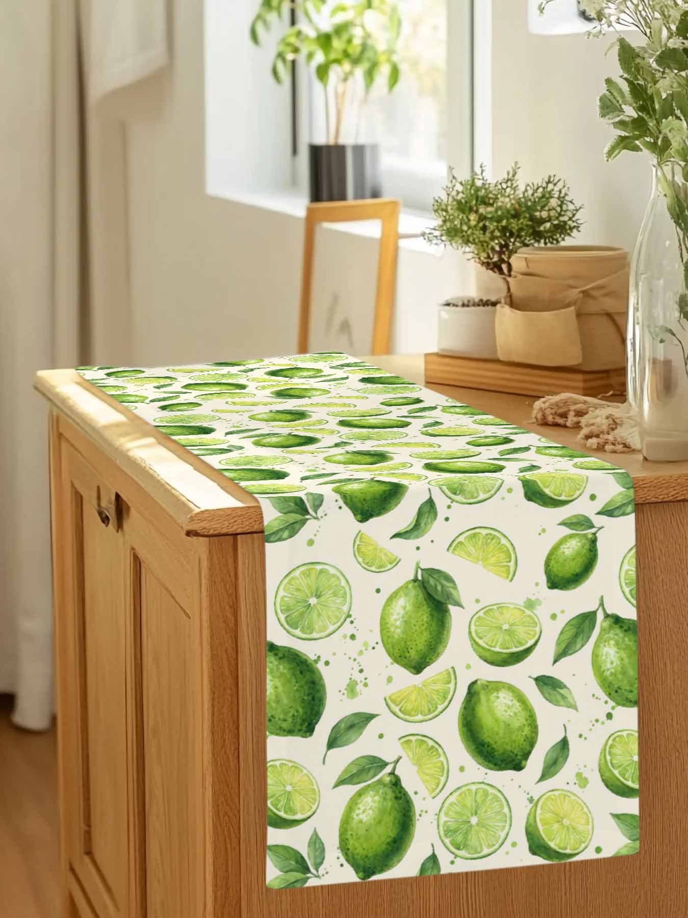 Summer Fruit Table Runner, Watercolor Green Lemon Lime Slice Leaf Rustic Washable Cotton-linen Table Runners Dining Kitchen Decoration for Everyday Home Wedding Party Decor, 13 x 90 Inch