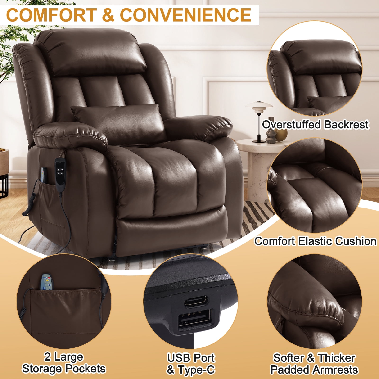 INGALIK Power Lift Recliner Chair Dual Motor, Infinite Position Lay Flat Recliners for Adult & Elderly with Heat & Massage, Large, Type-C Charge, Lumbar Pillow for Living Room, Leather (Brown)