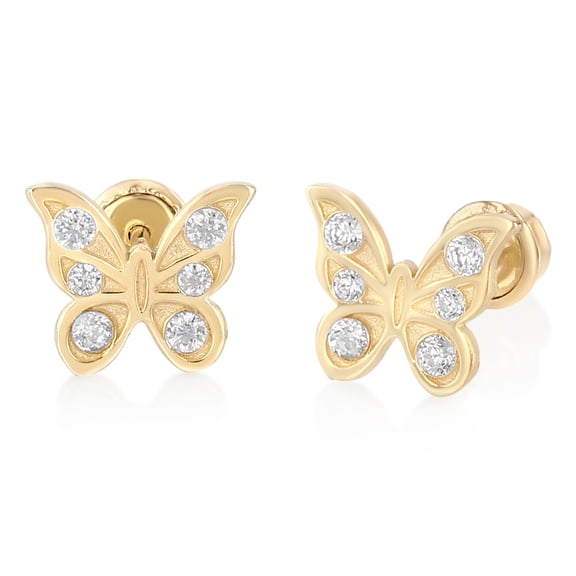 14K Yellow Gold CZ Butterfly Screw Back Stud Earrings