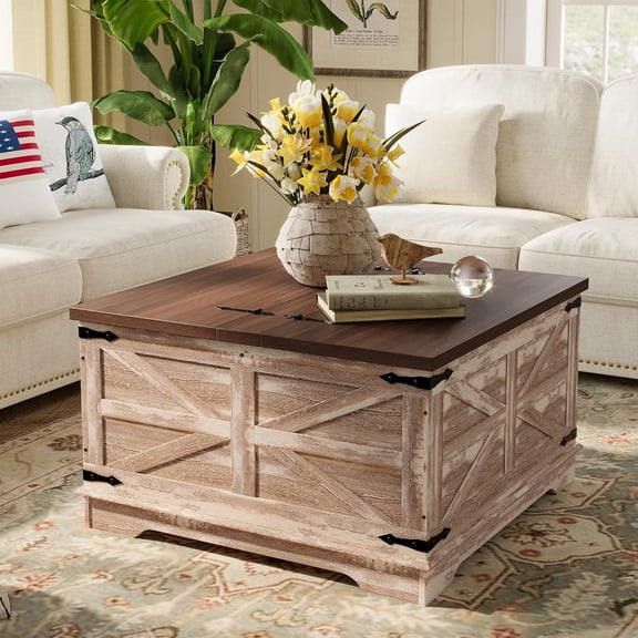 Farmhouse Coffee Table, Heavy-Duty Coffee Table with Storage, Square Wood Center Table Set for Living Room with Pull Up Large Hidden Storage Compartment,Rustic Brown