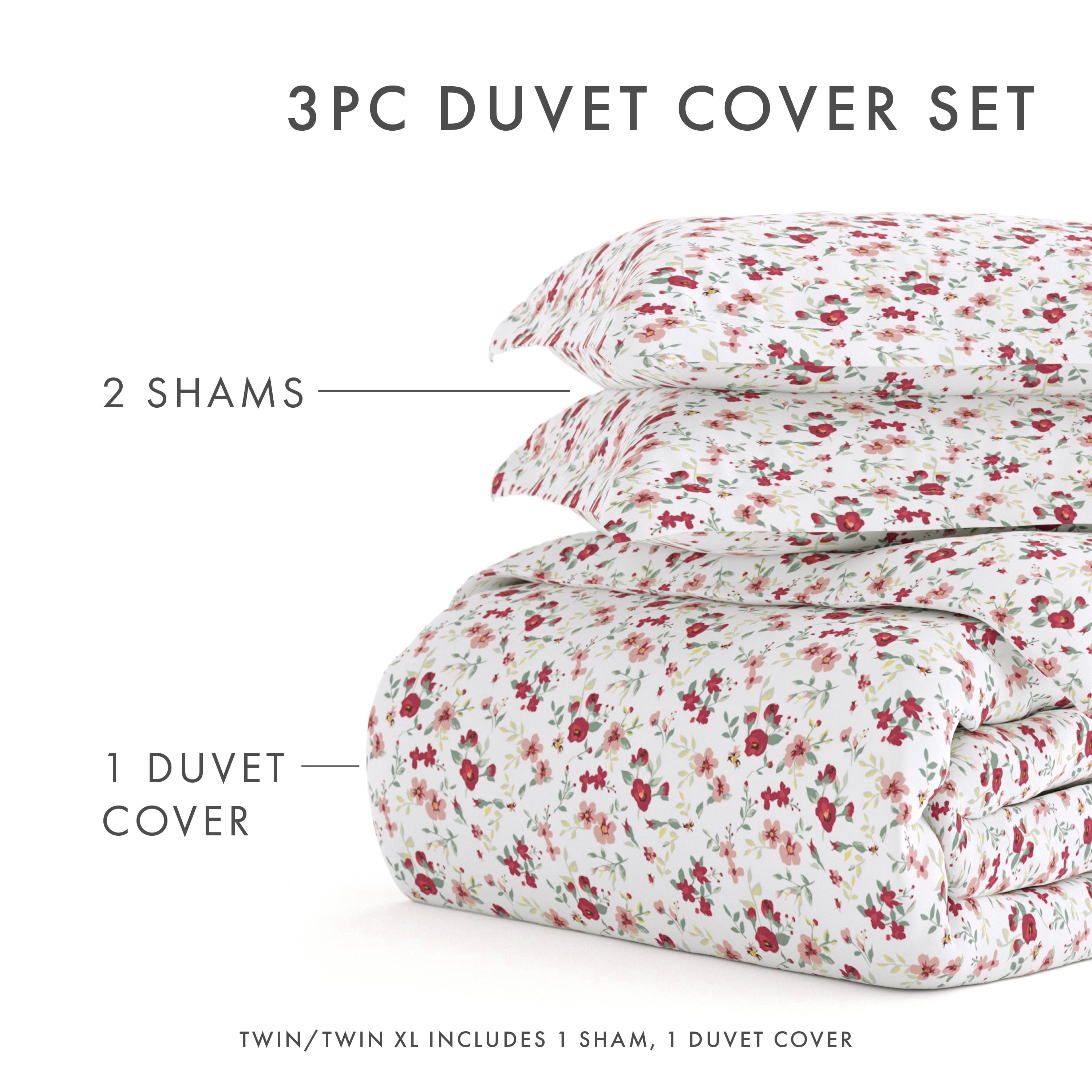 Noble Linens Pink Blossoms Print Duvet Set 3-Piece Duvet Cover Set, Full/Queen